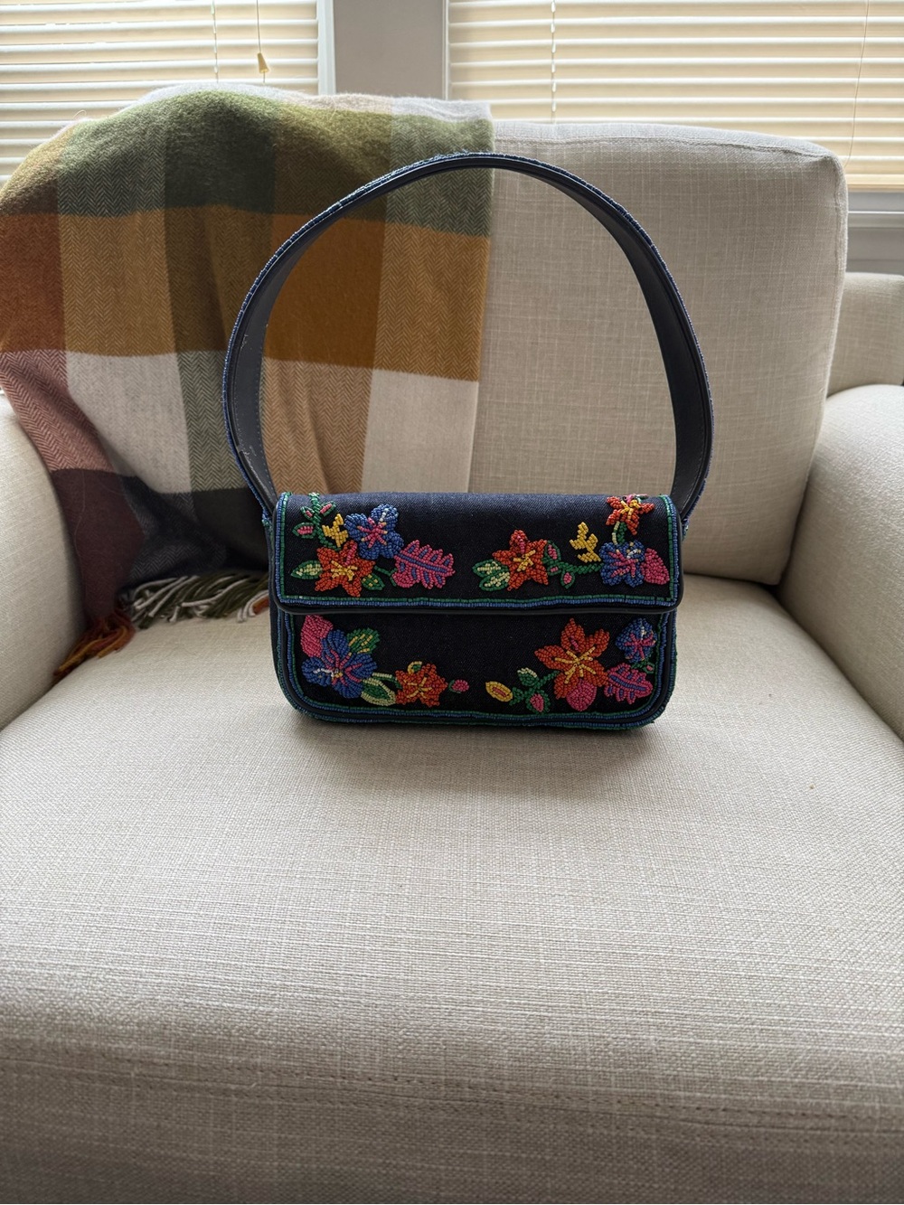 STAUD Black Floral Embroidered Shoulder Bag